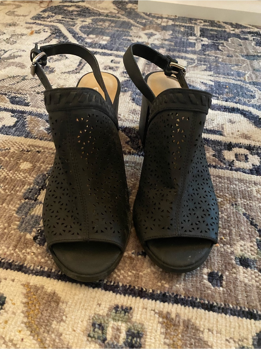 Laundry By Shelli Segal Black Laser-Cut Peep Toe Slingback Heels